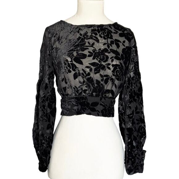 Lioness Eastside Sheer Black Velvet Floral Cropped Top Women’s Small - Picture 2 of 12